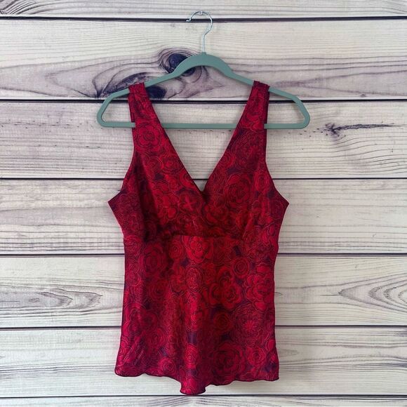Old Navy Vintage Y2K Red Floral Silk V Neck Tank Top - Picture 1 of 9